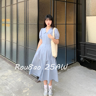 Rou8ao微胖大码女装法式短袖连衣裙2026夏胖MM收腰显瘦娃娃领长裙