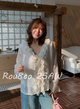 Rou8ao微胖大码女装韩系温柔风荷叶边衬衫女2026春夏显瘦绝美上衣