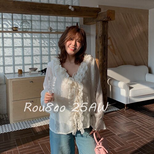 Rou8ao微胖大码女装韩系温柔风荷叶边衬衫女2026春夏显瘦绝美上衣