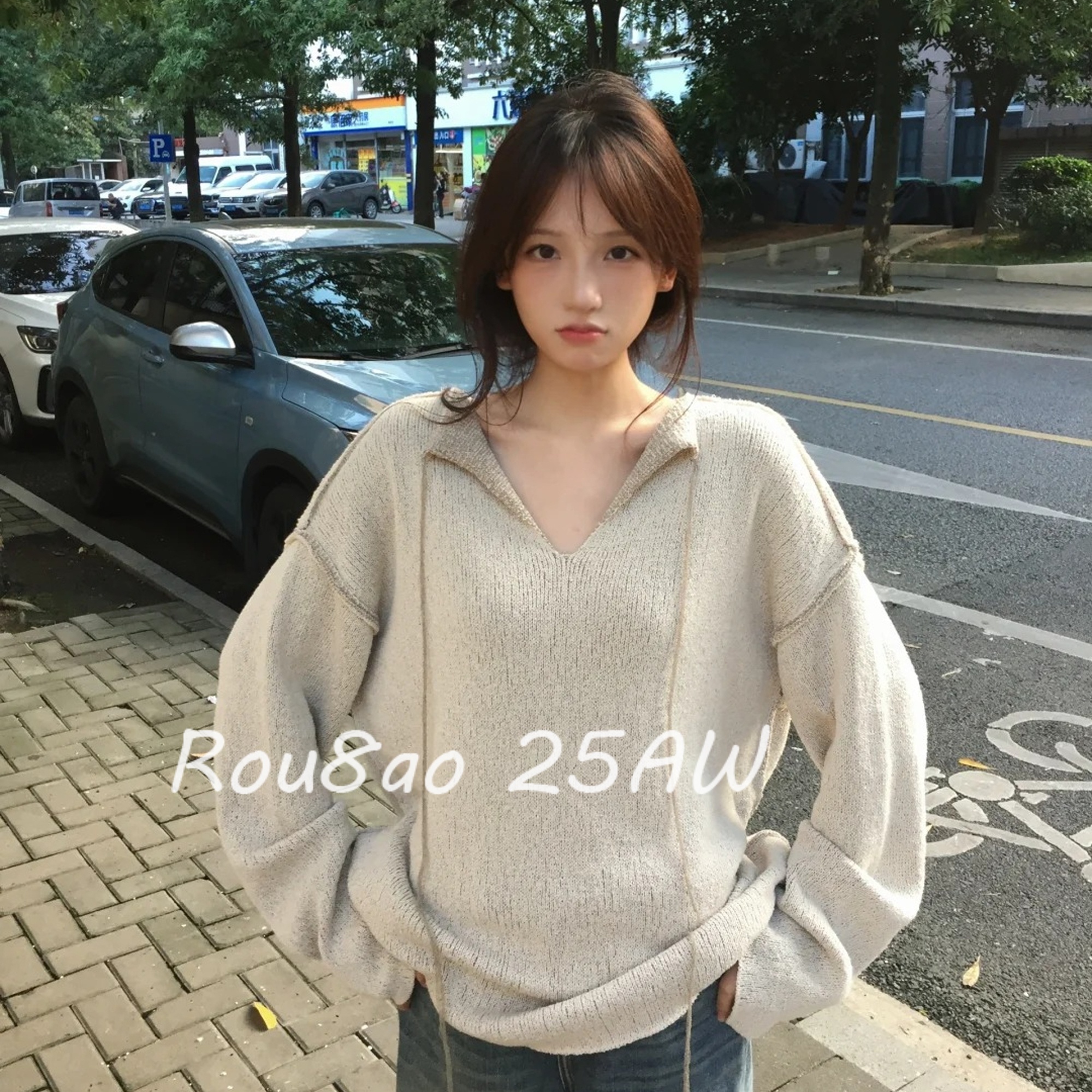 慵懒风V领针织衫宽松显瘦上衣