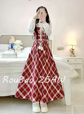 Rou8ao微胖大码女装学院风假两件红色格子连衣裙胖mm圣诞跨年长裙