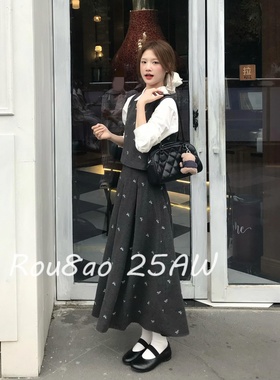 Rou8ao微胖大码女装韩系时尚灰色马甲气质半身裙高级感衬衫三件套