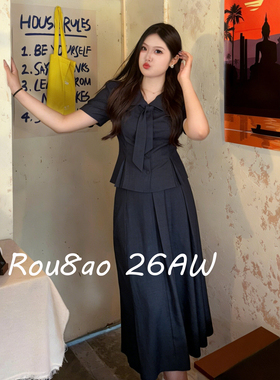 Rou8ao微胖大码女装学院风蝴蝶结衬衫+半身裙2026夏时尚显瘦套装