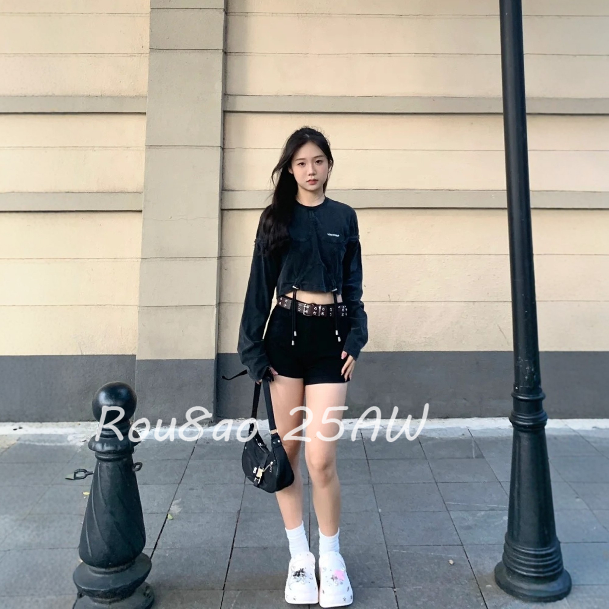 Rou8ao微胖大码女装美式复古长袖T恤女2026春款辣妹短款抽绳上衣,女装/女士精品,大码内搭,淘宝优惠券,粉丝福利购,淘宝优惠卷