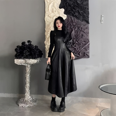 大码法式复古吊带小皮裙女