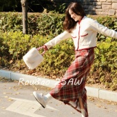 Rou8ao微胖大码 女装 韩系格纹半身裙高腰显瘦A字裙直筒开叉中长裙