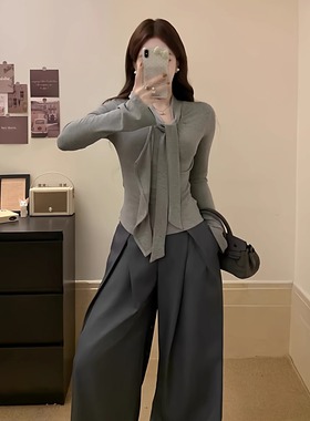 大码女装韩系灰色长袖t恤阔腿裤两件套女秋装胖MM高级感显瘦套装