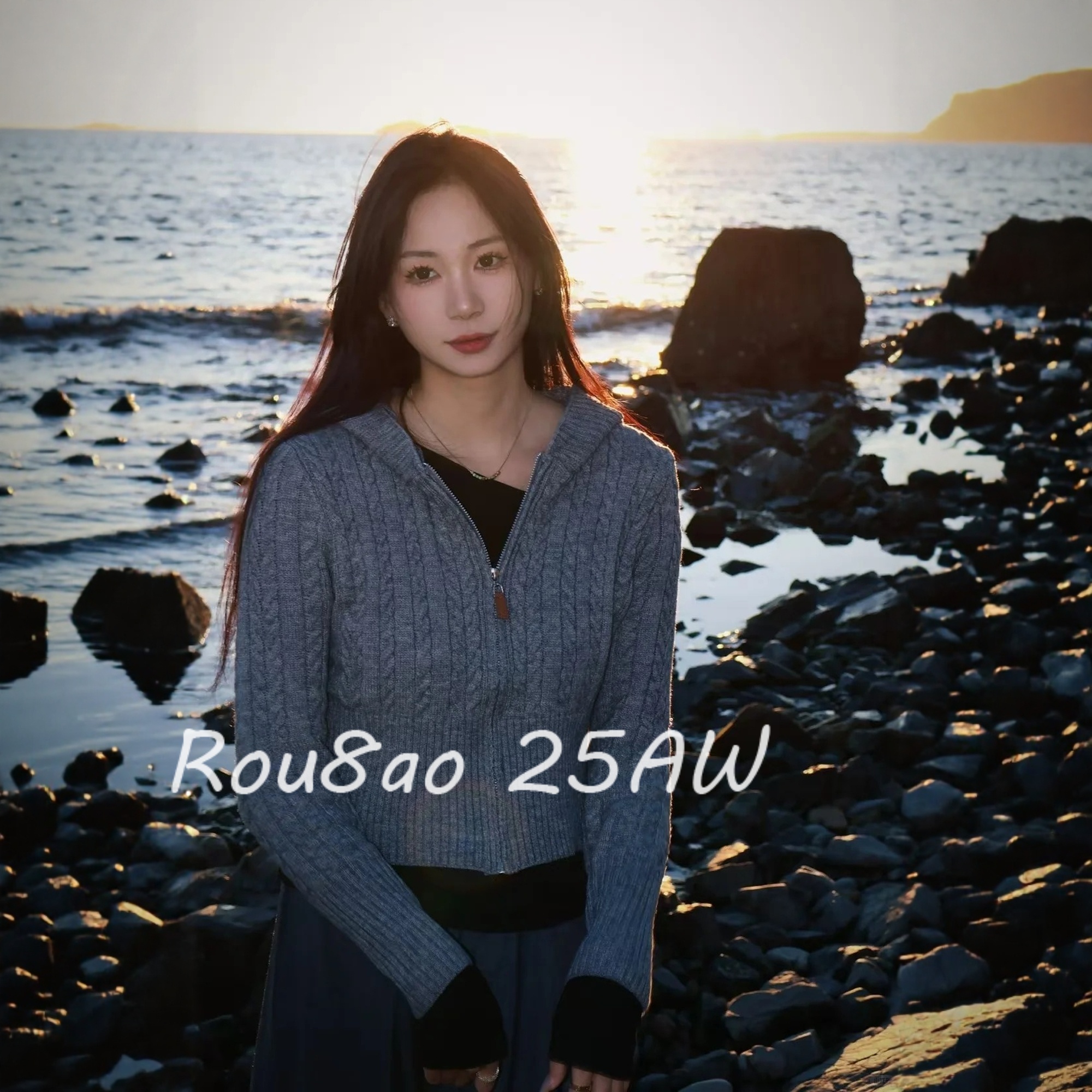 大码女装麻花连帽针织毛衣外套