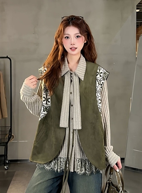 大码女装韩系复古慵懒风绿色针织马甲女秋冬胖mm宽松显瘦减龄上衣