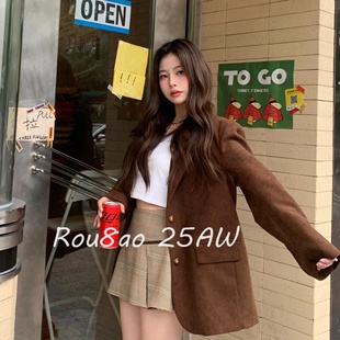 外套宽松休闲小西服 美拉德复古棕色灯芯绒西装 Rou8ao微胖大码 女装