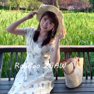 法式 复古碎花连衣裙微胖mm收腰系带显瘦长裙 女装 Rou8ao微胖大码