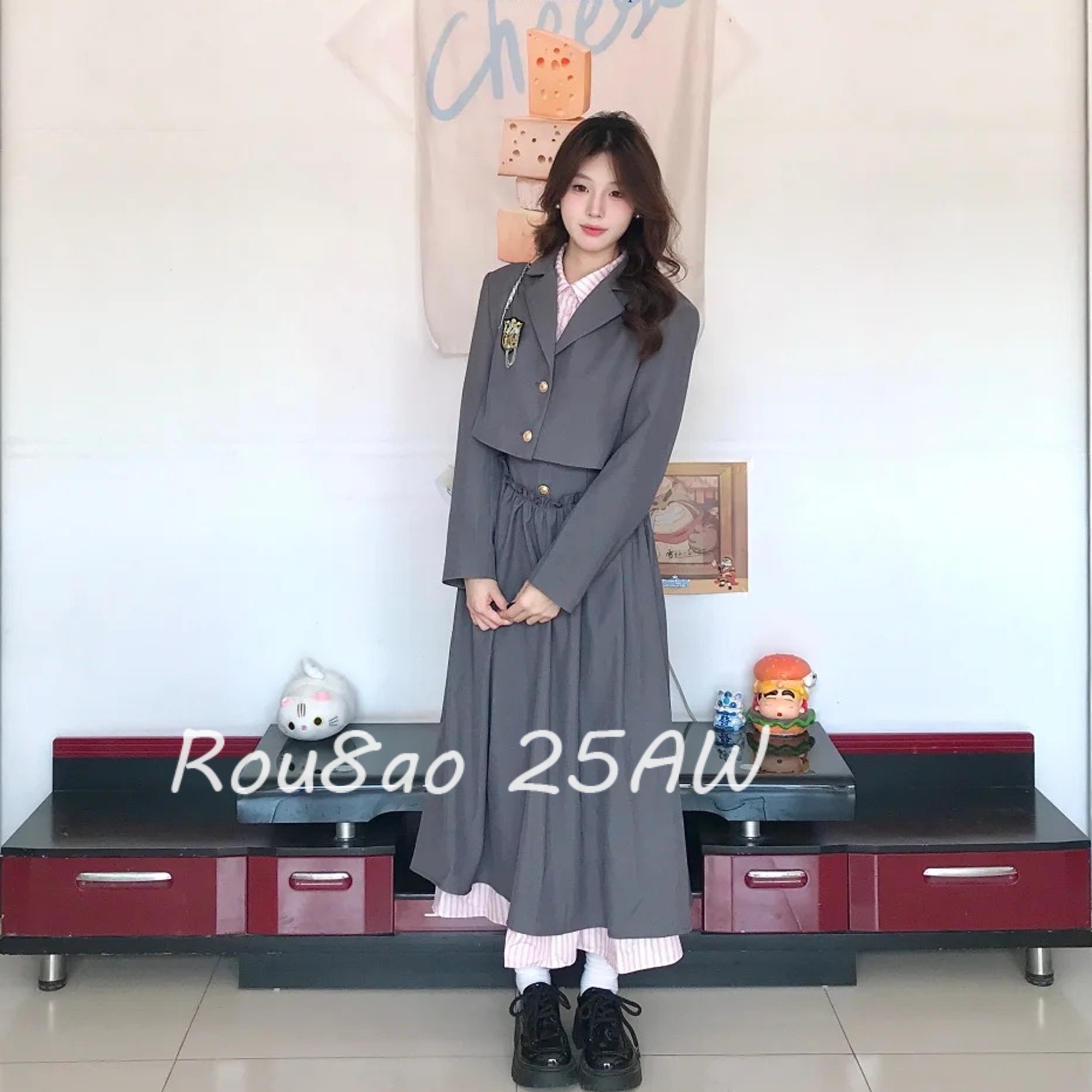 大码假两件连衣裙短外套时尚套装