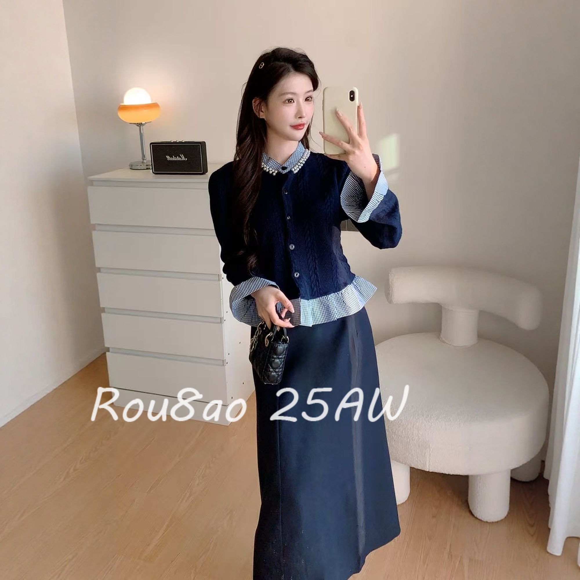 蝴蝶结长袖显瘦针织上衣+半身裙