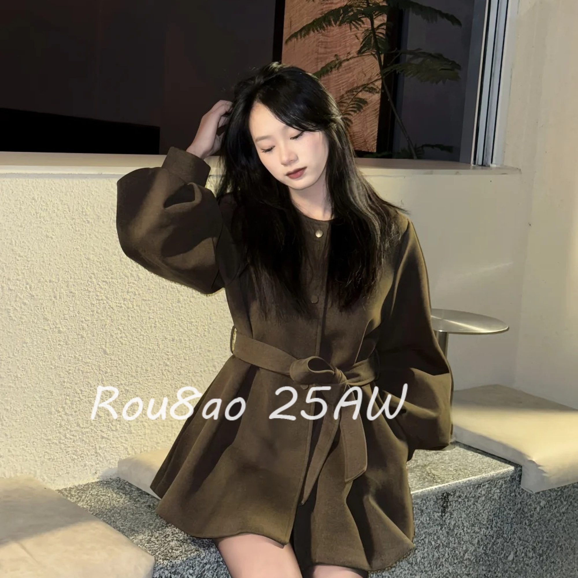 咖色毛呢开衫外套收腰遮肚大衣