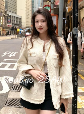 Rou8ao微胖大码女装法式名媛白色小香风外套女气质高级感宽松上衣