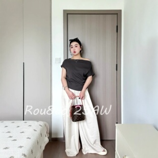 Rou8ao微胖大码女装简约风一字肩短袖两件套女夏季高级感通勤套装