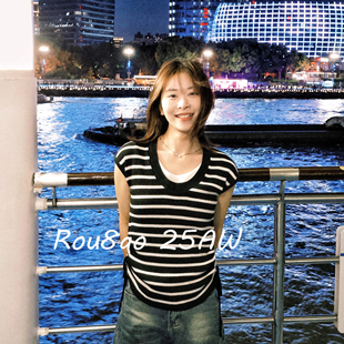 t恤2026夏微胖mm遮肚显瘦上衣 假两件条纹短袖 Rou8ao微胖大码 女装