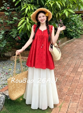 Rou8ao微胖大码女装甜美镂空无袖上衣+压褶半身裙夏上新时尚套装