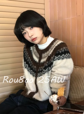 Rou8ao微胖大码女装费尔岛复古提花针织开衫女慵懒高级感毛衣外套