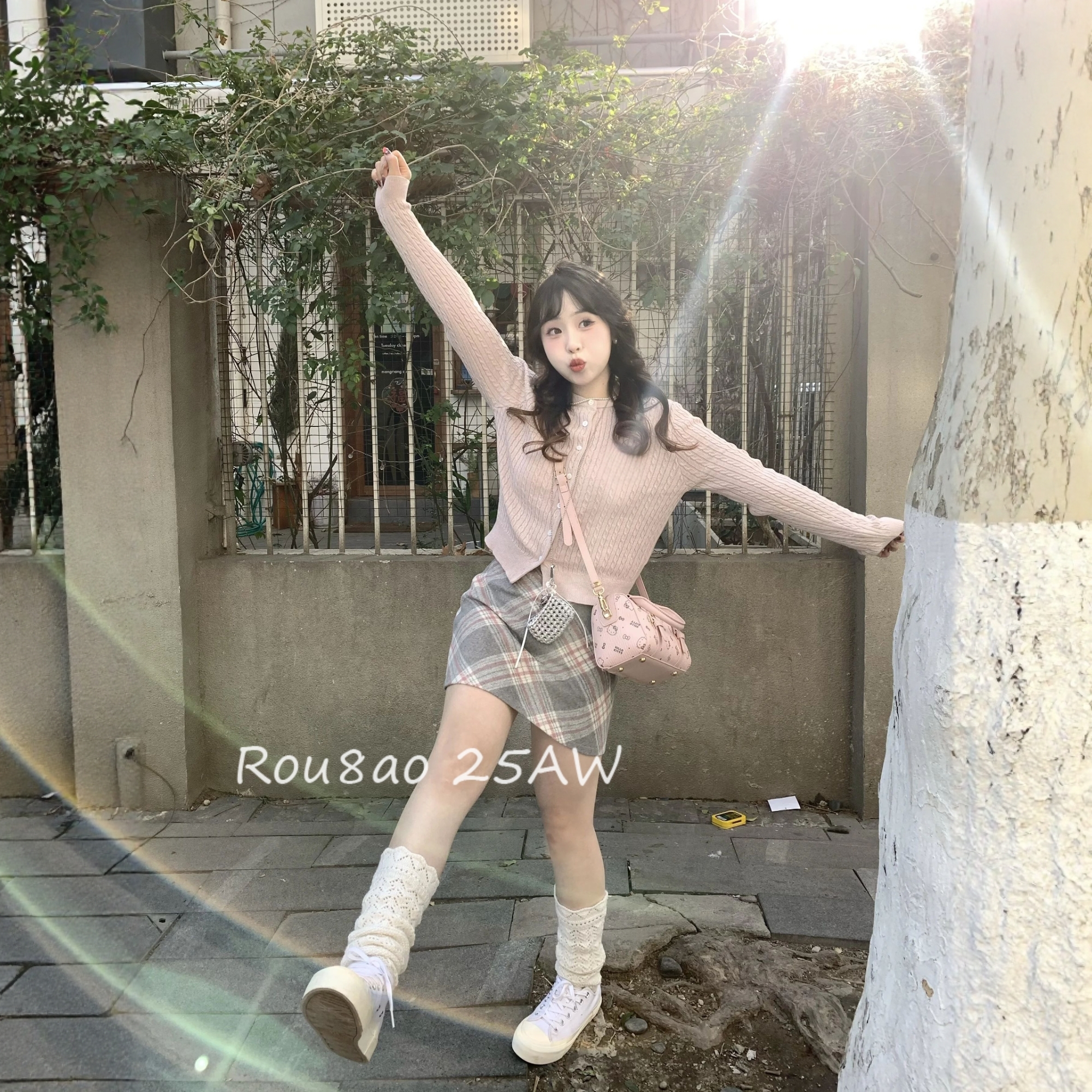 大码毛呢粉色格纹包臀高腰半身裙