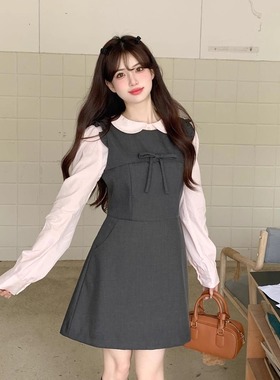 Rou8ao大码韩系娃娃领假两件连衣裙女秋季微胖MM收腰遮肉显瘦裙子