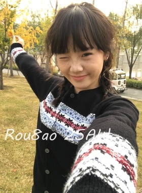 Rou8ao微胖大码女装费尔岛风黑色针织开衫秋季长袖修身显瘦上衣