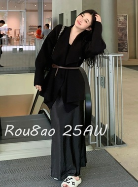 Rou8ao微胖大码女装秋季慵懒风韩系高级感黑色翻领针织开衫外套