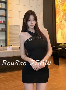 Rou8ao微胖大码女装纯欲风黑色镂空无袖连衣裙秋季内搭修身包臀裙