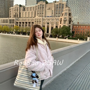 宽松面包服外套棉衣 韩系风粉色菱格棉服女冬季 Rou8ao微胖大码 女装
