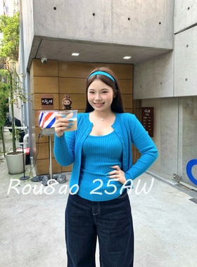 Rou8ao微胖大码女装韩系穿搭蓝色针织吊带开衫套装女2025秋季上衣