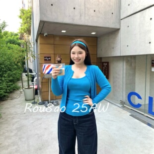 女2025秋季 Rou8ao微胖大码 套装 韩系穿搭蓝色针织吊带开衫 上衣 女装