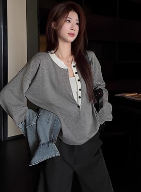 大码女装胖mm2025秋季新款灰色拼接假两件圆领长袖针织衫女设计感