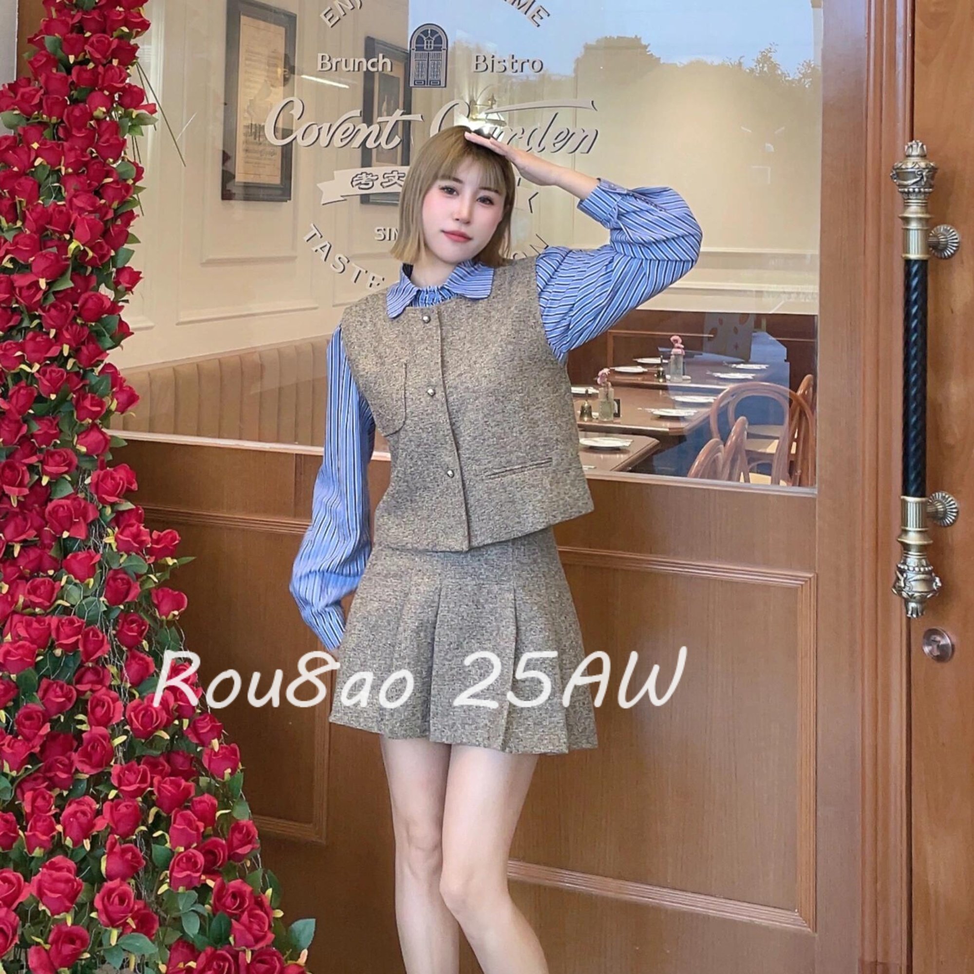 Rou8ao微胖大码女装韩系学院风减龄条纹衬衫马甲高腰百褶裙两件套,女装/女士精品,大码套装,淘宝优惠券,粉丝福利购,淘宝优惠卷