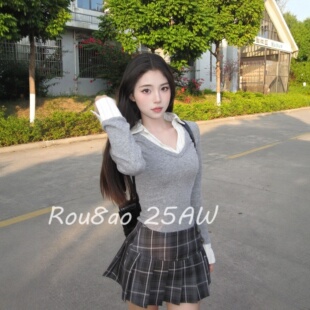 Rou8ao微胖大码女装韩式学院风假两件上衣百褶裙两件套装女2026春