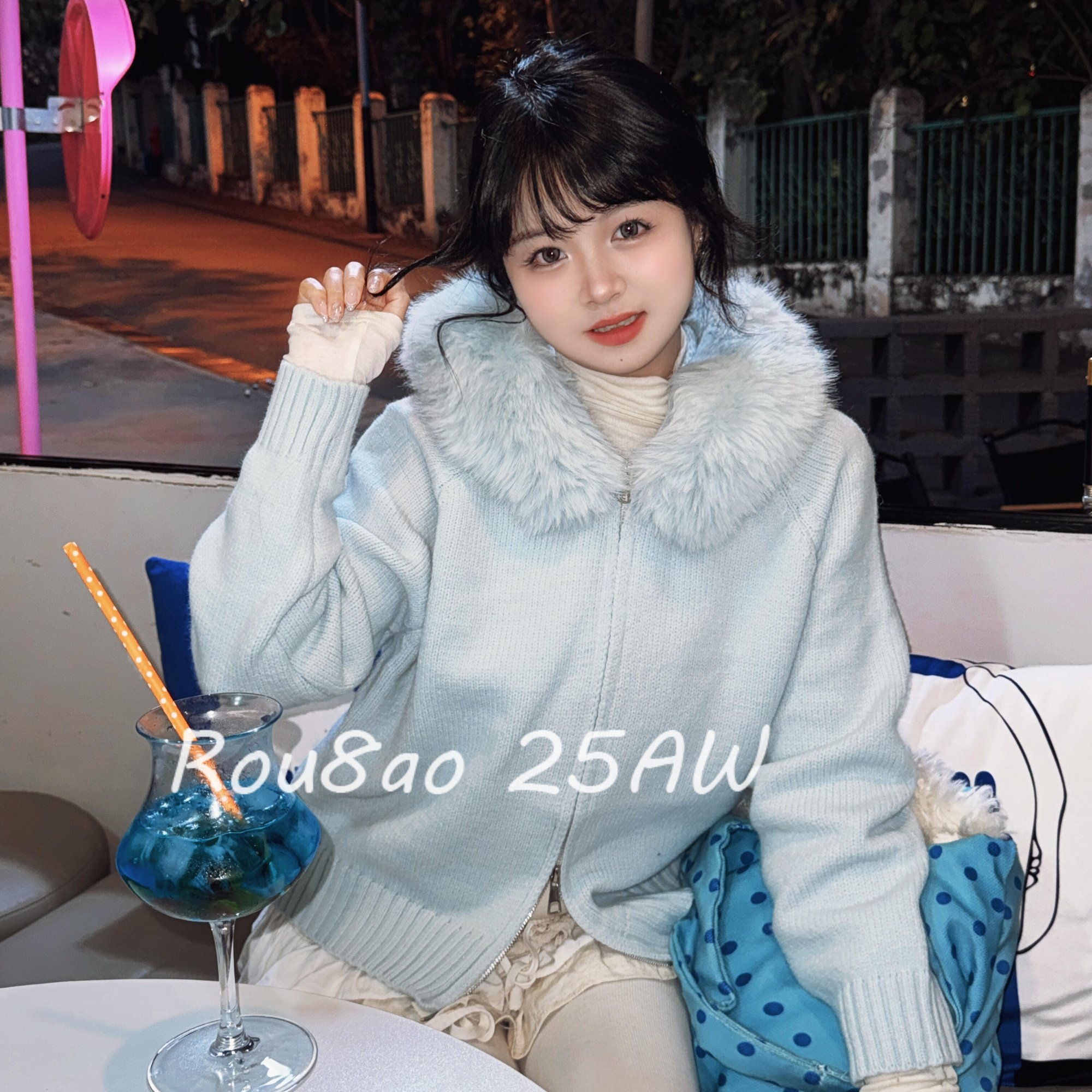 设计感连帽毛领慵懒风毛衣外套