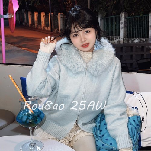 设计感连帽毛领慵懒风毛衣外套