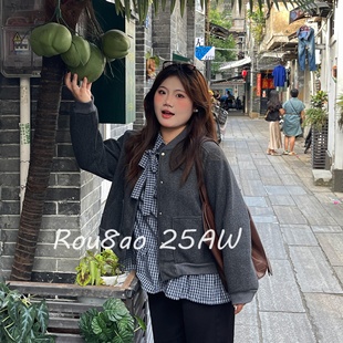 短外套两件套装 Rou8ao微胖大码 纹蝴蝶结减龄衬衫 韩系学院风格 女装