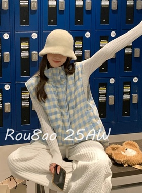 Rou8ao微胖大码女装复古减龄蓝色格子立领马甲女冬季宽松保暖外套
