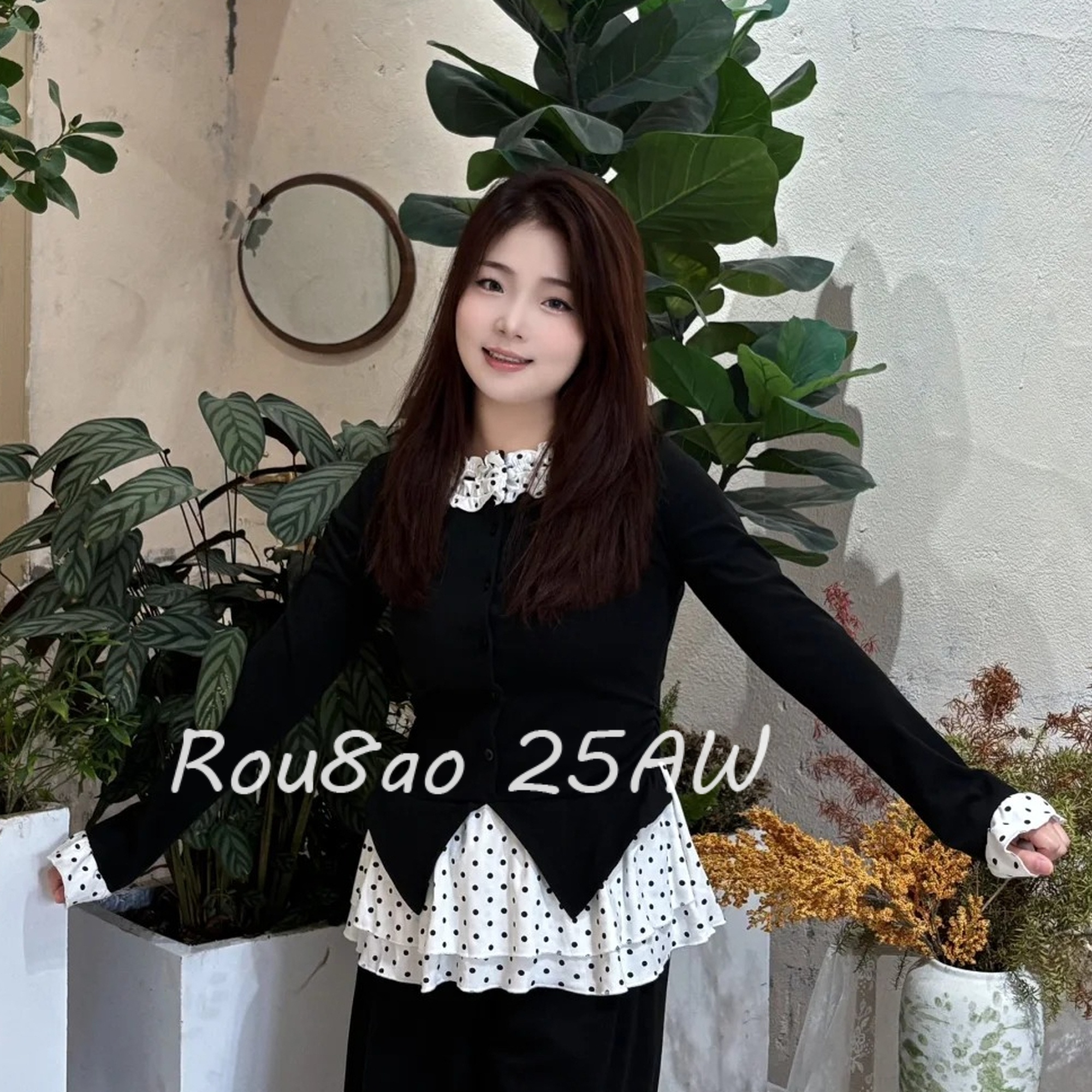 Rou8ao微胖大码女装千金风假两件衬衫秋冬季胖mm显瘦设计感打底衫