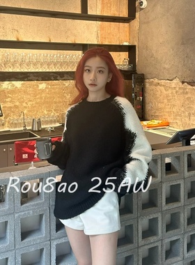 Rou8ao微胖大码女装设计感插肩袖黑色针织衫毛衣秋冬胖mm显瘦上衣