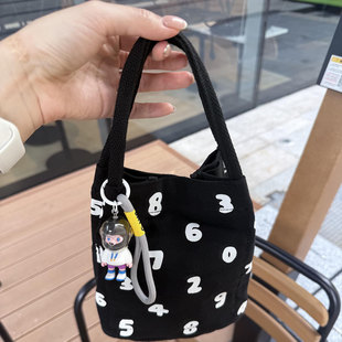 日系数字印花帆布手提包2025新款百搭休闲手拎小包外出通勤便当袋