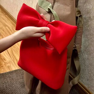 红色太空棉手拎包2025春夏新款 饰云朵包 神仙大蝴蝶结休闲百搭装