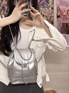 韩国小众设计百搭链条双肩包小香风水桶包女高级质感油蜡皮小背包