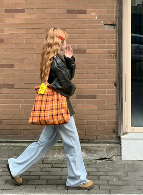 2026新款复古橙色条纹托特包简约大容量通勤单肩包腋下包手提包