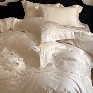 高端轻奢全棉四件套少女心花卉提花被套素色床单1.8m纯棉床上用品