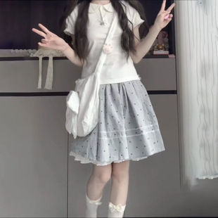 韩系学院风学院风娃娃领泡泡袖 高腰波点半身裙两件套 衬衫 女学生