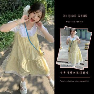 韩系穿搭一整套甜美风蕾丝黄色背带连衣裙女学生夏季 搭配短袖 衬衫
