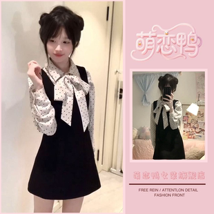 甜美小个子绣花显瘦背带连衣裙女学生蝴蝶结波点衬衫 韩系两件套装
