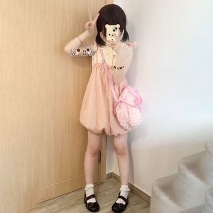 两件套 多巴胺甜美小个子粉色吊带花苞连衣裙女搭配杏色娃娃领衬衫