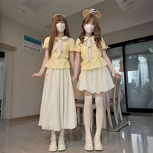闺蜜穿搭一整套奶黄色蝴蝶结娃娃领上衣女学生搭配高腰显瘦半身裙